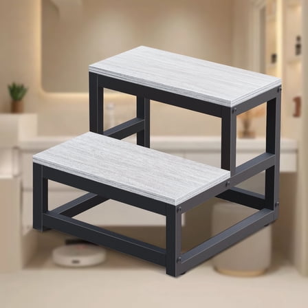 2-Step Wooden Step Stool for Adults & Kids - Heavy Duty 500lbs Capacity, Non-Slip Adjustable Feet, Gray Stool for High Beds, Kitchen, Bathroom, RV