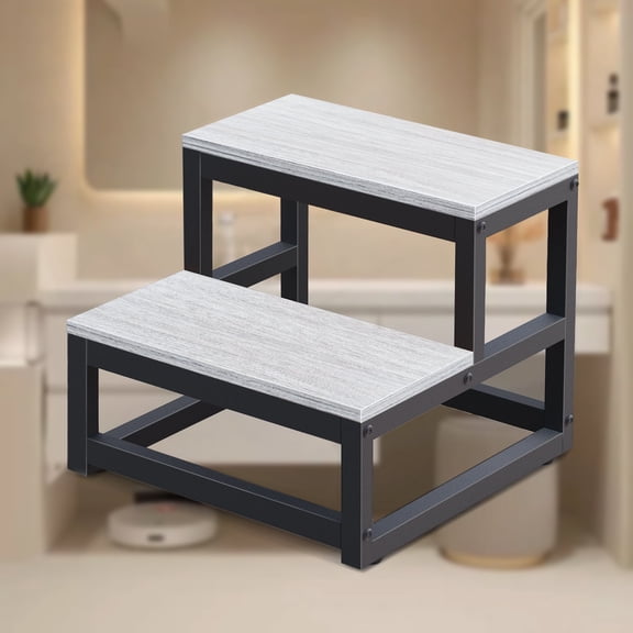 2-Step Wooden Step Stool for Adults & Kids - Heavy Duty 500lbs Capacity, Non-Slip Adjustable Feet, Gray Stool for High Beds, Kitchen, Bathroom, RV