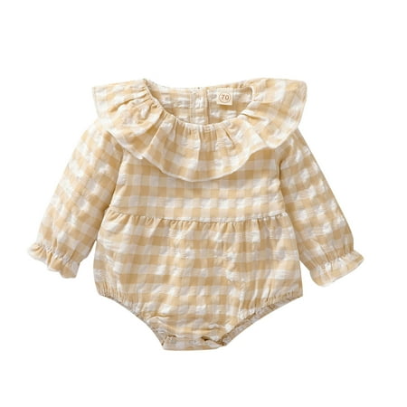 

Canrulo Princess Baby Girls Plaids Romper Bodysuits Peter Pan Collar Ruffles Long Sleeve Jumpsuit Clothes Yellow 0-6 Months