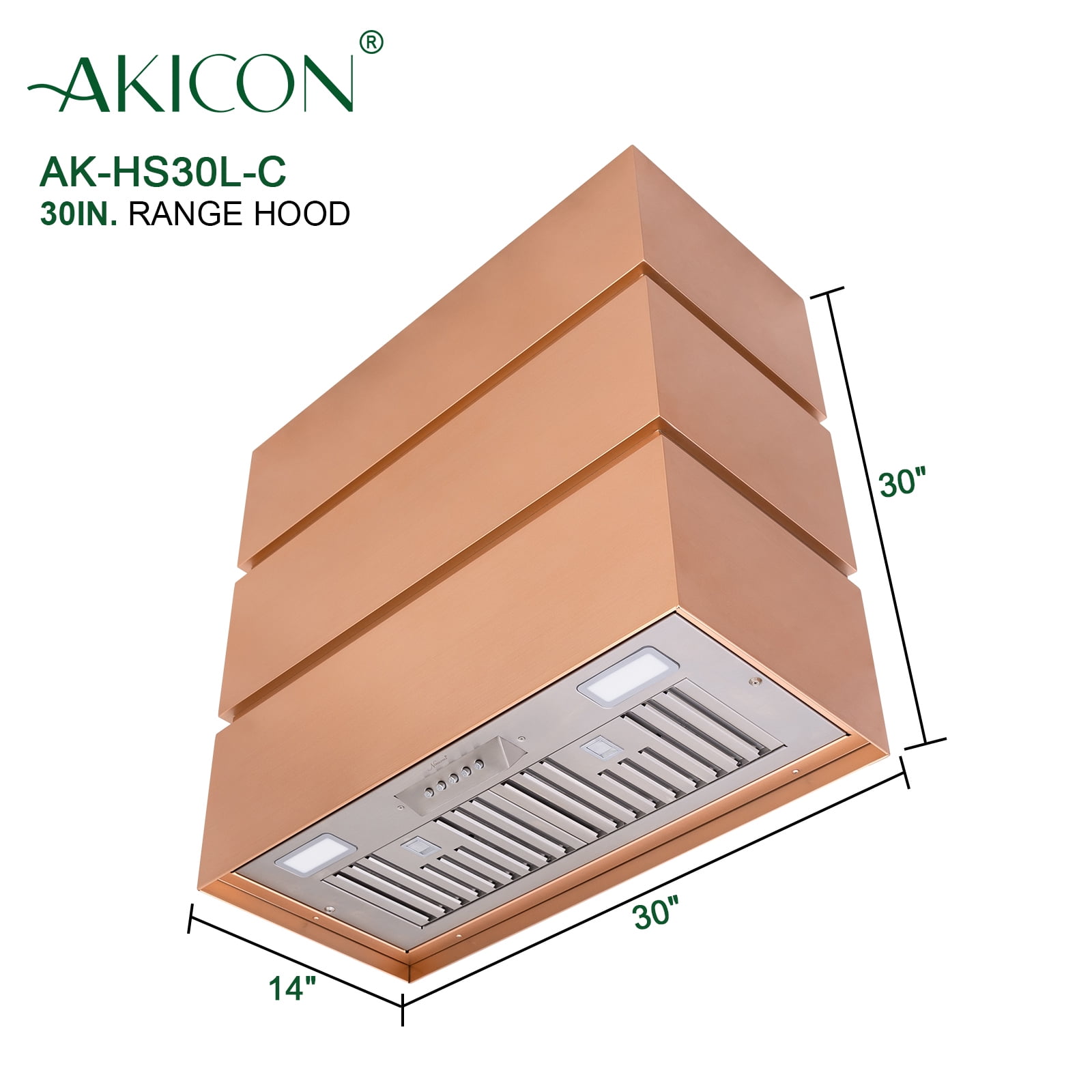 Akicon 30" Stainless Steel Range Hood, 3 Stacks Modern Box Ducted Kitchen Hood with Powerful Vent Motor, Wall Mount, 30"W*30"H*14"D, Copper