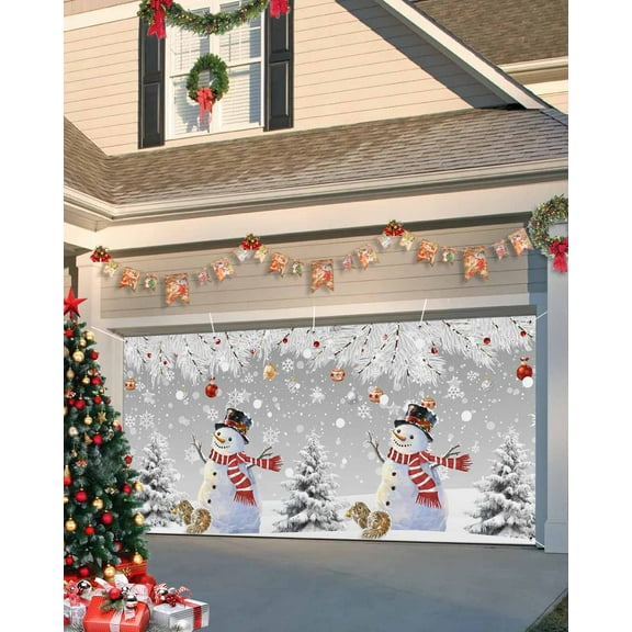 Fsddascl 7 x 16 Ft Christmas Garage Door Cover, Grey Snowman Christmas Large Garage Door Banner, Snowflake Tree Balls Xmas Hanging Garage Mural Background for Indoor Outdoor Xmas Party Supplies