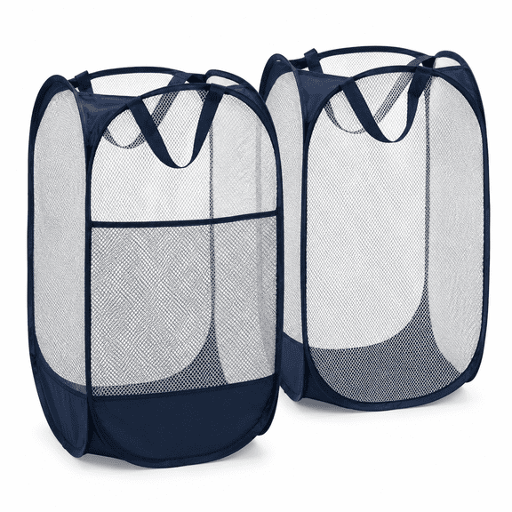 PLERISE 2-Pack Pop up Laundry Hamper, Large Collapsible Mesh Basket with Side Pocket, Breathable & Space-Saving for Clothes, Toys, Travel, Dorm, Blue