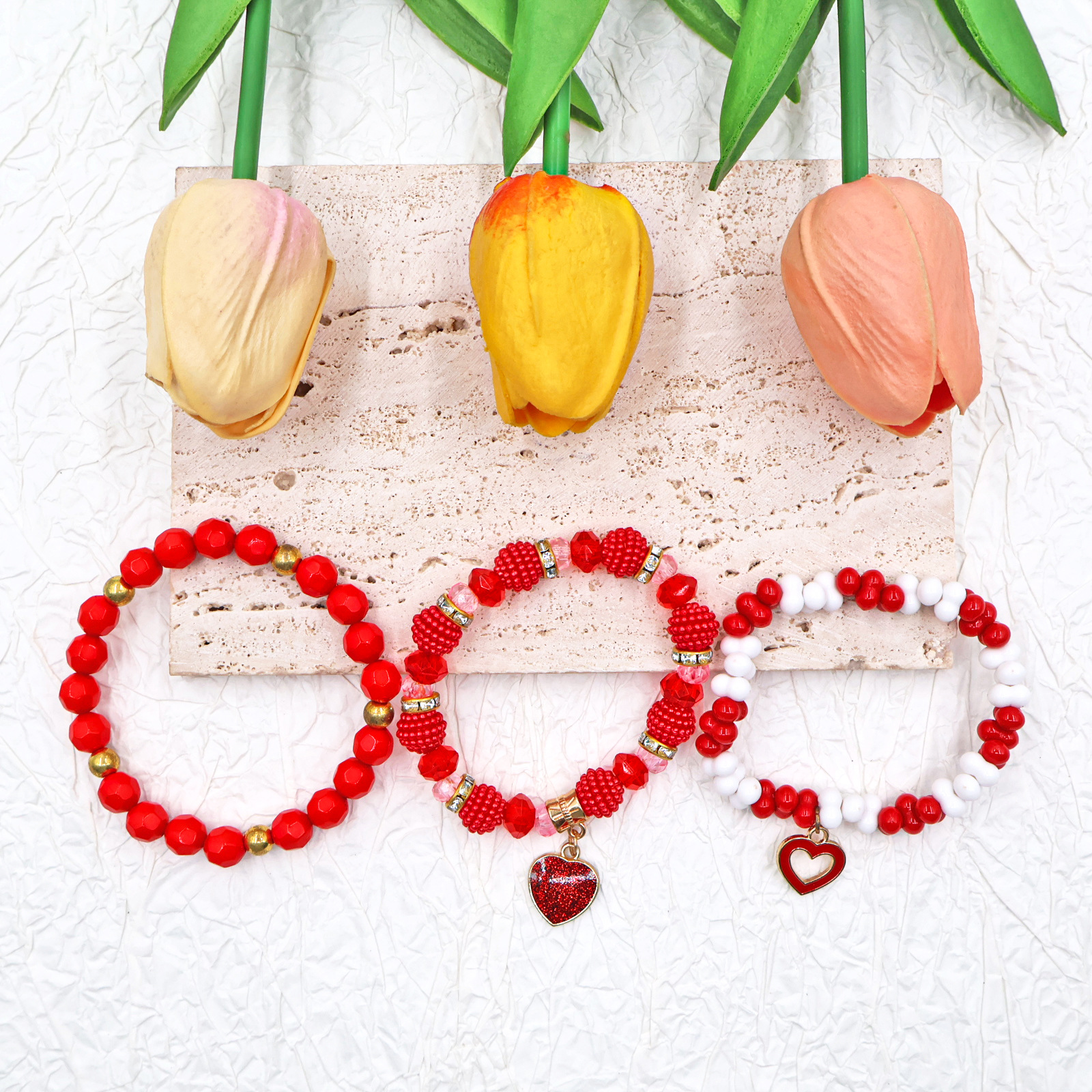 Jinswick 3-Piece Valentine's Day Bracelet Set Ladies Red Heart Charm Bracelet Elastic Bracelet Holiday Birthday Party Gift Wedding Anniversary Gift