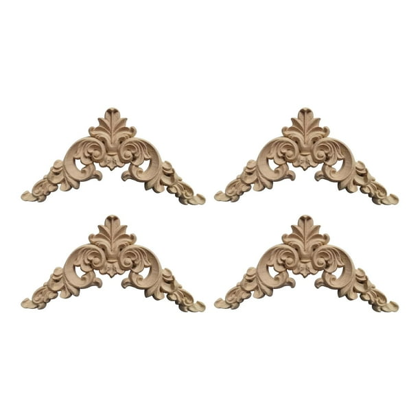 4 calcomanías de madera tallada sin pintar, adornos decorativos, apliques de madera tallada para esquinas. 8cmx8cmx0.8cm