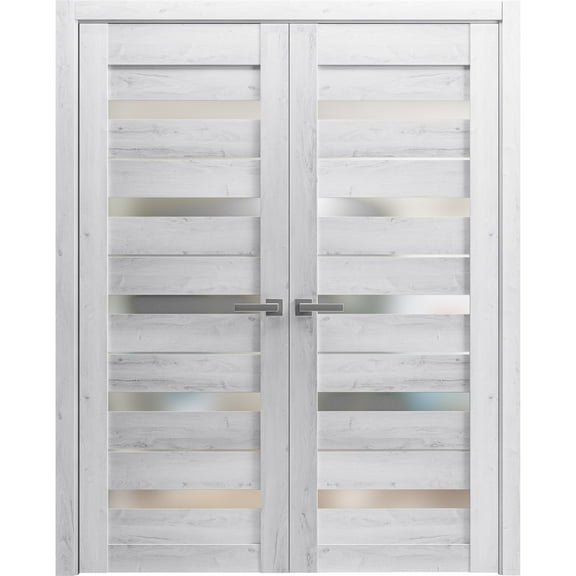 Solid French Double Doors 48 x 80 inches | Quadro 4445 Nordic White with Frosted Glass | Wood Solid Panel Frame Trims | Closet Bedroom Sturdy Doors