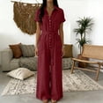 thumbnail image 6 of Bloomae Womens Button Down V Neck Jumpsuits Summer Casual Short Sleeve Loose Fit Wide Leg Overalls Dressy One Piece Belted Rompers with Pockets, 6 of 7
