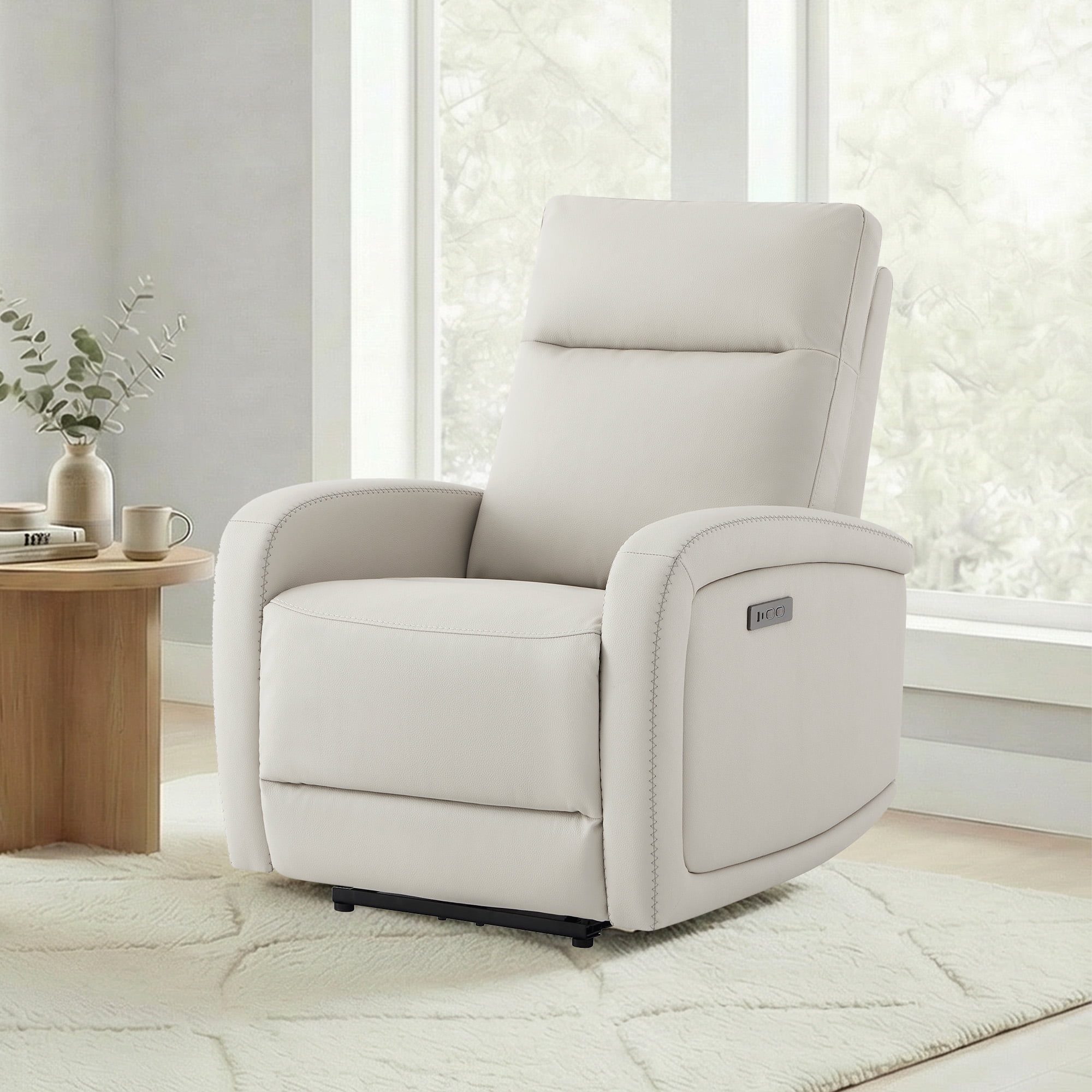 Spruce & Spring Zero Wall Hugger Power Recliner for Compact Spaces, Cream-Faux Leather