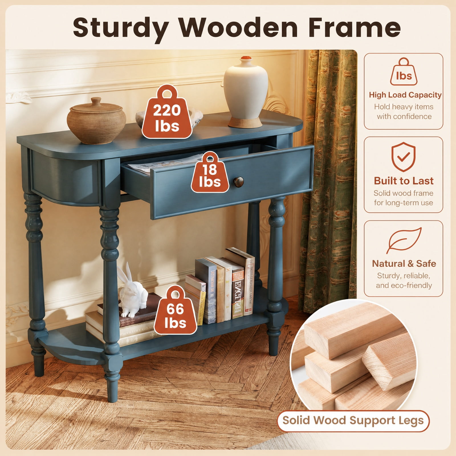 Furnibear Retro Narrow Console Table 36 Inch Wooden 2 Tier Sofa Table with Drawer for Entryway Hallway and Behind Couch, Blue