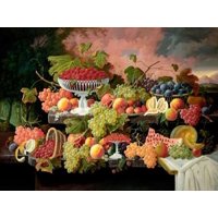 Two-Tiered Still Life with Fruit and Sunset Landscape Poster Print by Severin Roesen