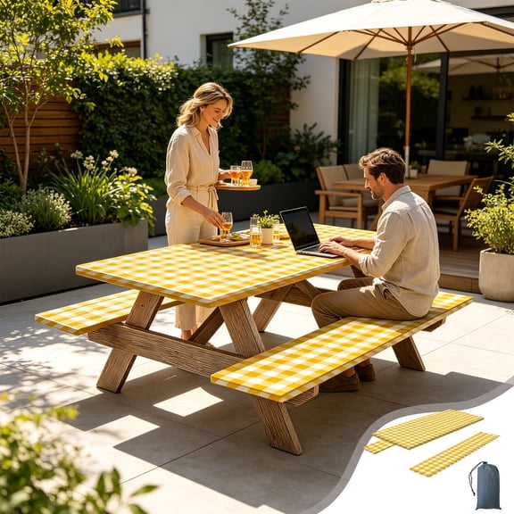 BUDAO00 Picnic Table Cover with Bench Covers, Washable Tablecloth for 6 Foot Rectangle Tables – 72"x30" Waterproof Elastic Fitted Checkered Camping Tablecloth for Outdoor Use (Yellow)