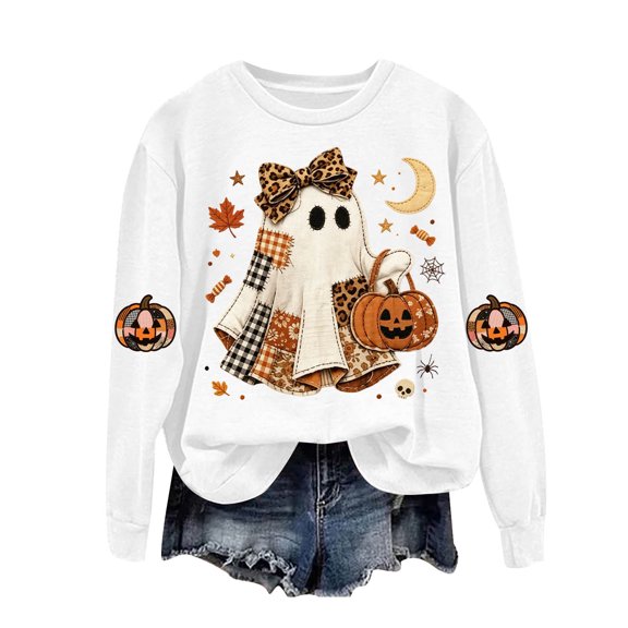 Duqingm Halloween Sweatshirts for Women Ghost Oversized Crewneck Sweatshirt Cute Pumpkin Graphic Fleece Pullover,S