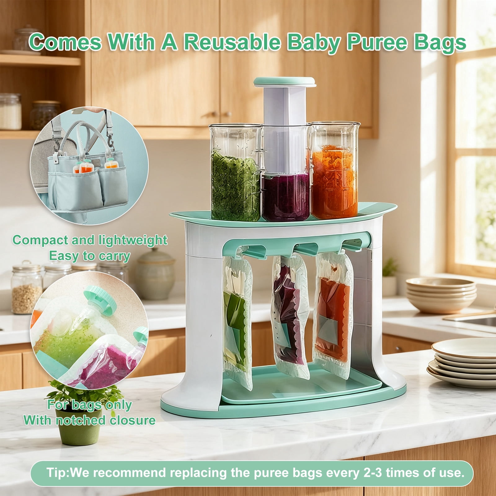 Squeeze Station, Baby Food Maker & Pouch Filler with 5 Portable Bags, Reusable Fruit Puree Pouch Filling Maker, BPA-Free, Dishwasher Safe - Homemade Baby Food Essential
