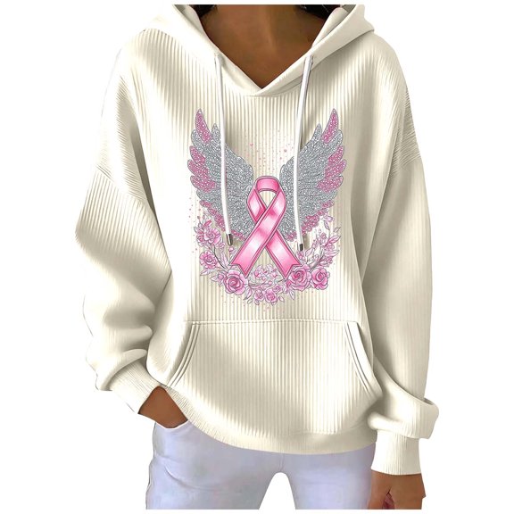 Women’s Breast Cancer Awareness Hoodie Pink Angel Wings Sequin Print Long Sleeve Casual Sweatshirt Support Survivor Ribbon Graphic Pullover for Empowerment and Remembrance