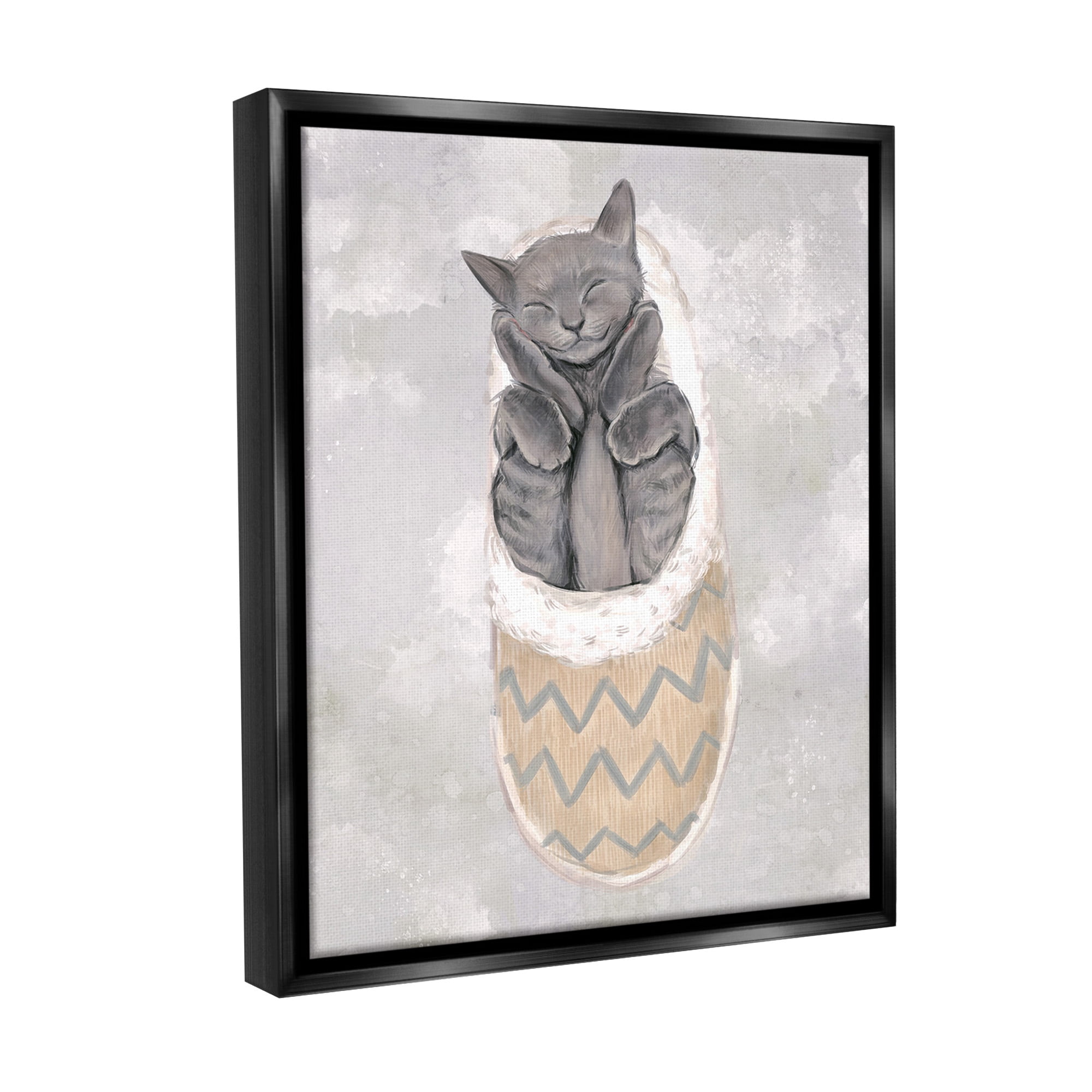 Stupell Industries Grey Kitten Sleeping Animals & Insects Painting Black Floater Framed Canvas Art Print Wall Art, 17 x 21