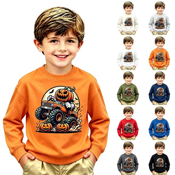 IWRICH Kids Halloween Pumpkin Ghost Sweatshirt Boys Girls Toddler Shirt Crewneck Long Sleeve Graphic Tops,Size 2-14 Years Blue M
