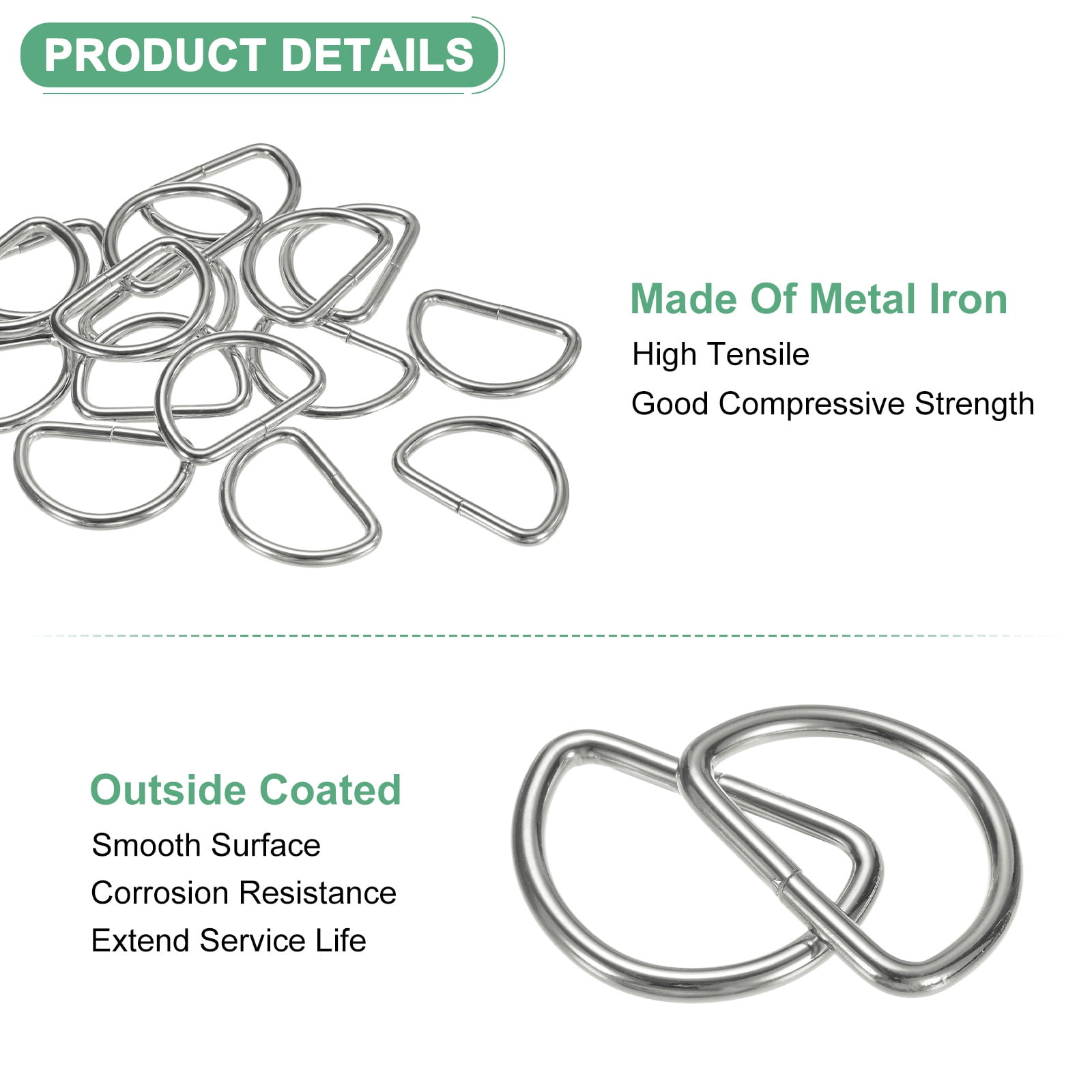 Uxcell 20-Pack D-Rings Buckle, 1-1/2 Inch Iron Non-Welded Dee Rings Metal Buckle for Purse/Aprons/Belts/Pet Collars, Semi-Circular D Ring Hardware [Silver Gray]