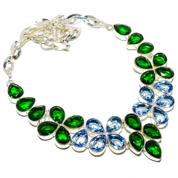 Emerald Quartz & Tanzanite Quartz (Simulated) 925 Sterling Silver Necklace 17.99" T24, Beautiful Jewelry For Woman &, New Year Sale, Valentin's Day Gi
