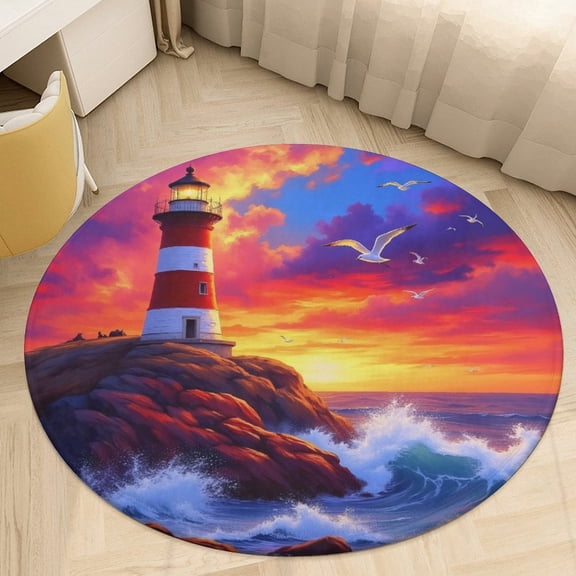 Lighthouse at Sunset Round Area Rugs for Bedroom Living Room, 3FT Soft Indoor Circle Carpets, Carpet Home Decor Floor Mat