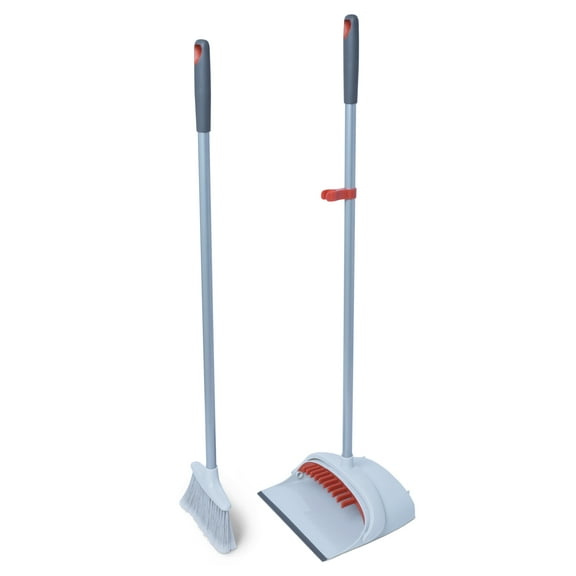 Smart Design Dustpan Broom Set - 38.5 inch - Gray and Sunset Orange