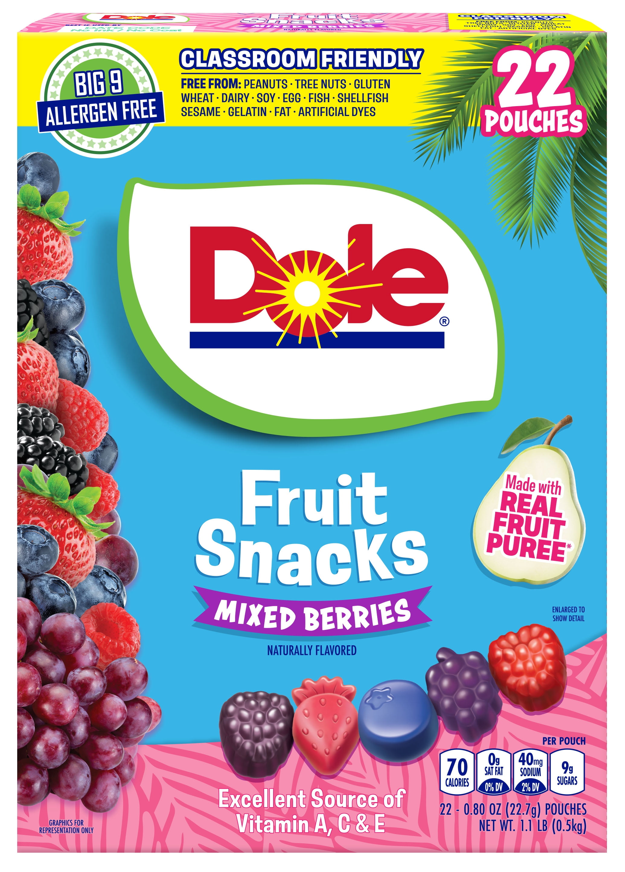 Dole Fruit Snacks, Tropical Flavored, Big 9 Allergen Free, Dye