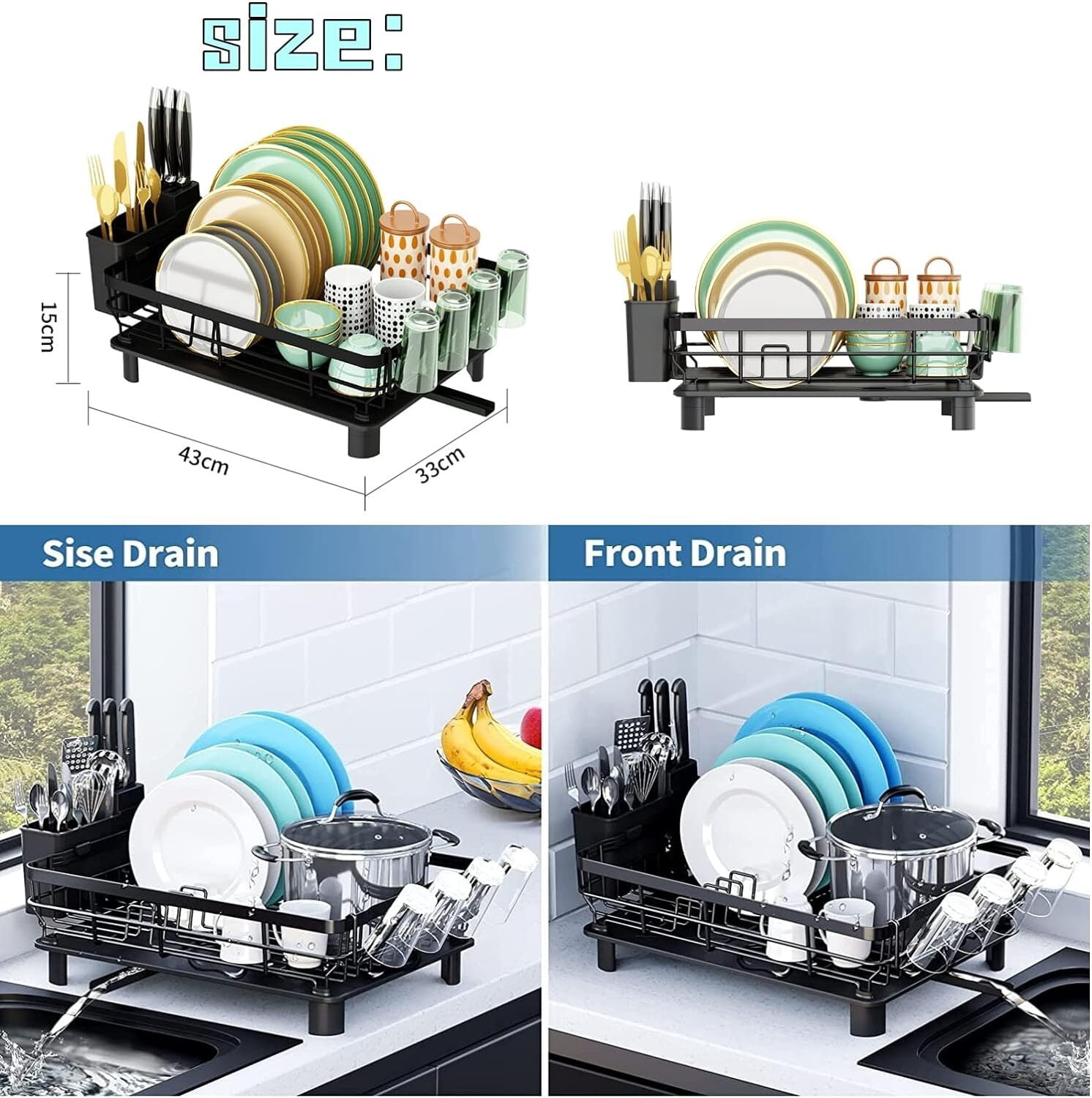 RUseeN Dish Drying Rack, Dish Dryer Rack, Counter Sink Adjustable Spout Dish Strainers Utensil Holder Cup Holder with Drainboard Dish Drainers for Kitchen Organization Decor