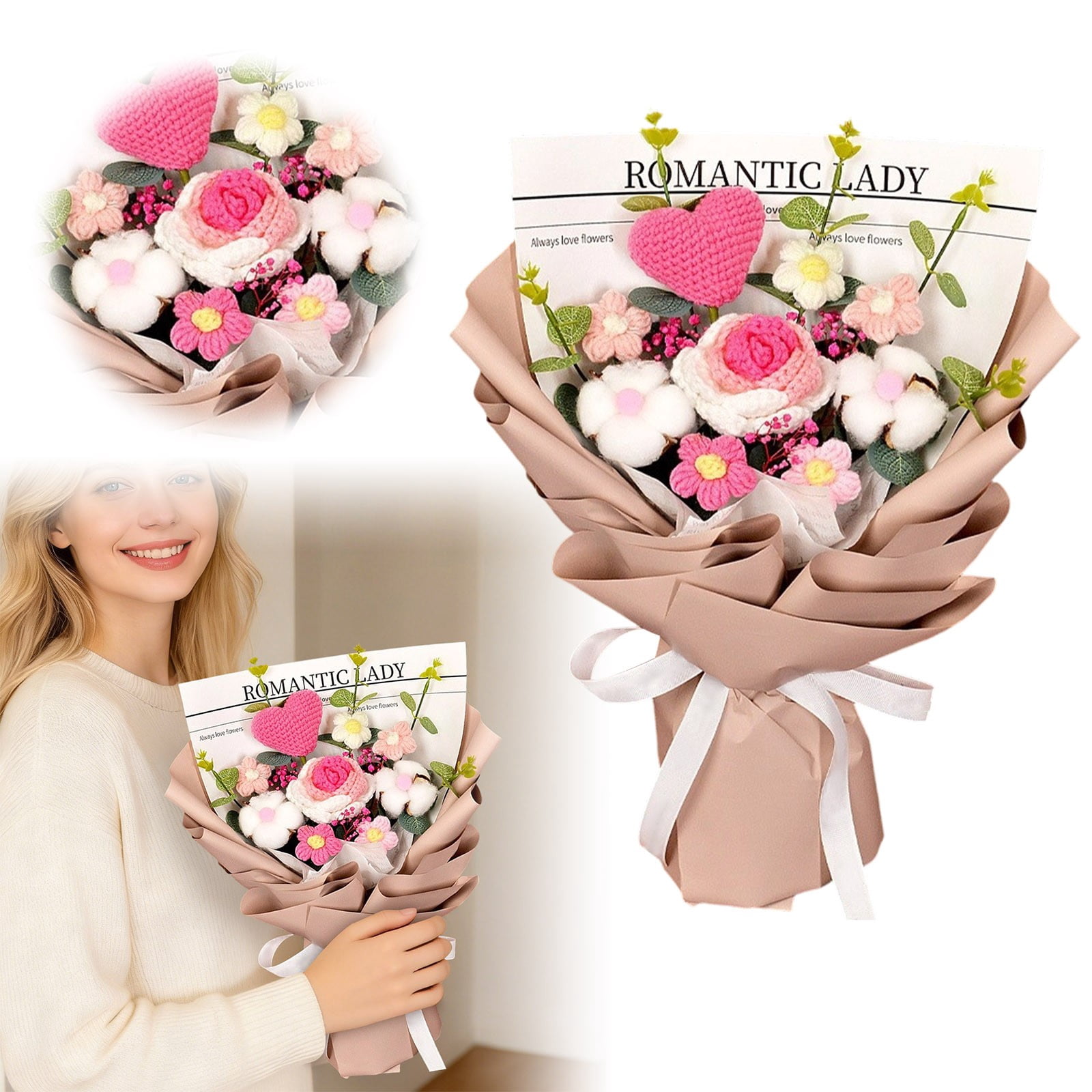 Knitted Flower Bouquet Handmade Tulip Rose Daisy Crochet Flowers, Gift for Mother's Day Graduation Birthday Teacher Appreciation Home Decor Artificial Bouquet