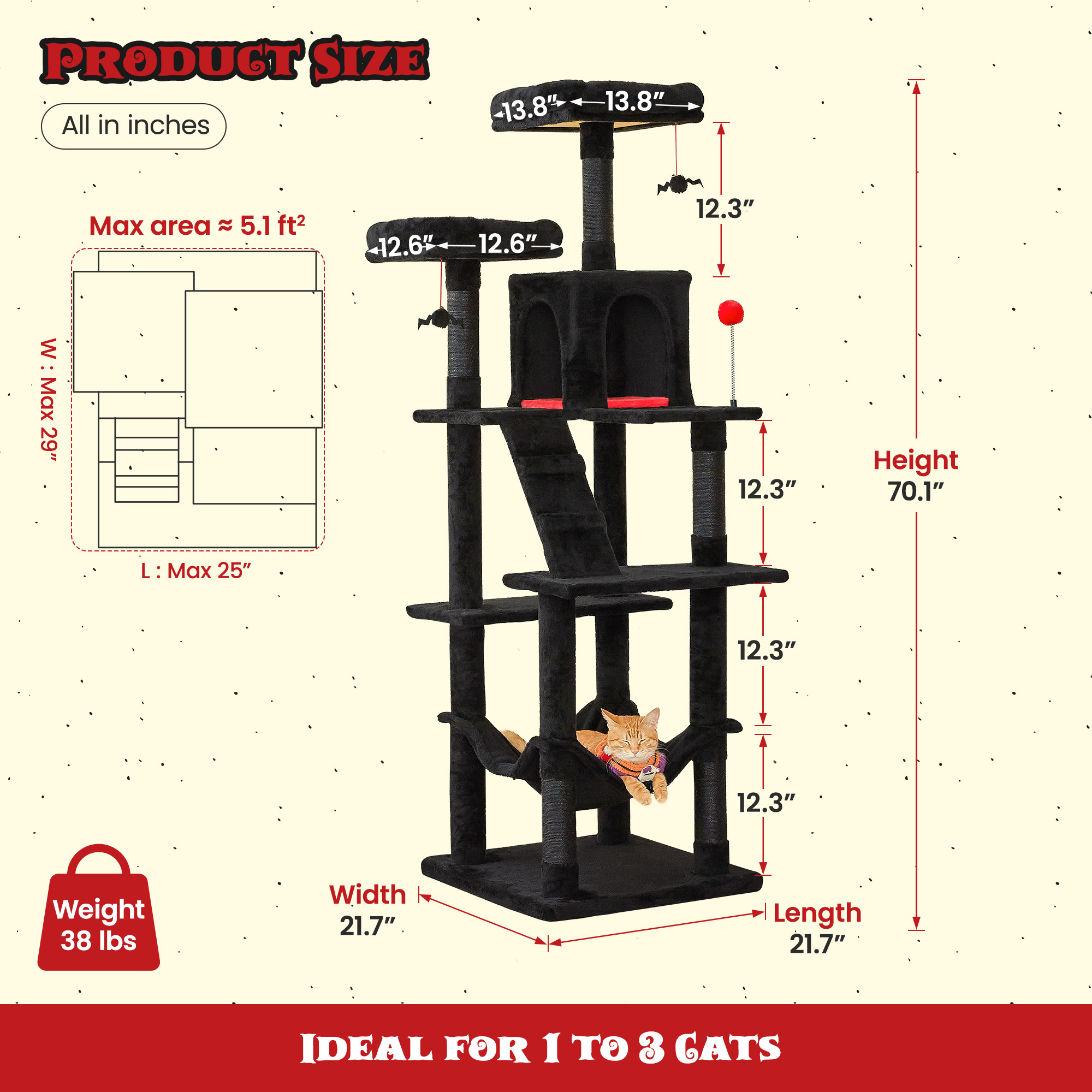 MWPO 70.1-in Multilevel Cat Tree Tower with Condo, Perch and Scratching Post, Black