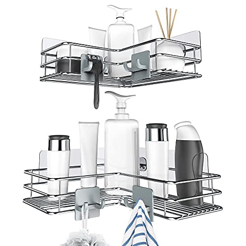 Nieifi Adhesive Corner Shower Caddy Shelf Basket Rack with Hooks, Rust Proof  Stainless Steel Bathroom Shelf Shampoo Holder No Drilling 2 Pack -  Walmart.com