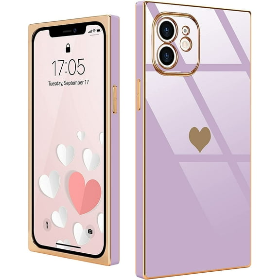 Compatible with iPhone 11 Case  Cute Plating Gold Luxury Love Heart Phone Case for Women Girls Shockproof Raised Full Camera Lens Protection Bumper Cover for iPhone 11, Purple