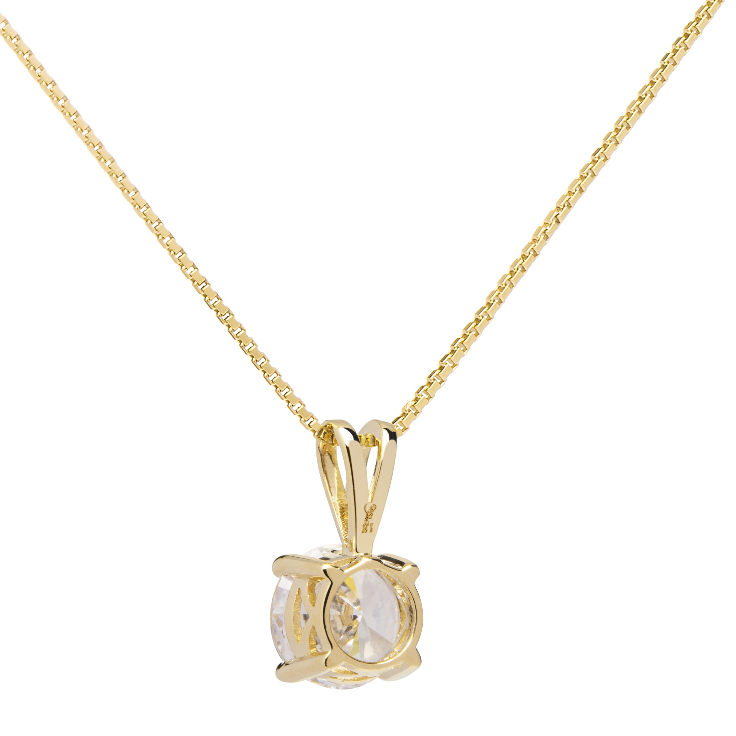 14K Solid Yellow Gold Pendant Necklace 2.0 Carat With Gift Box 18 Inch .60mm Box Link Chain Round Cut Cubic Zirconia Solitaire