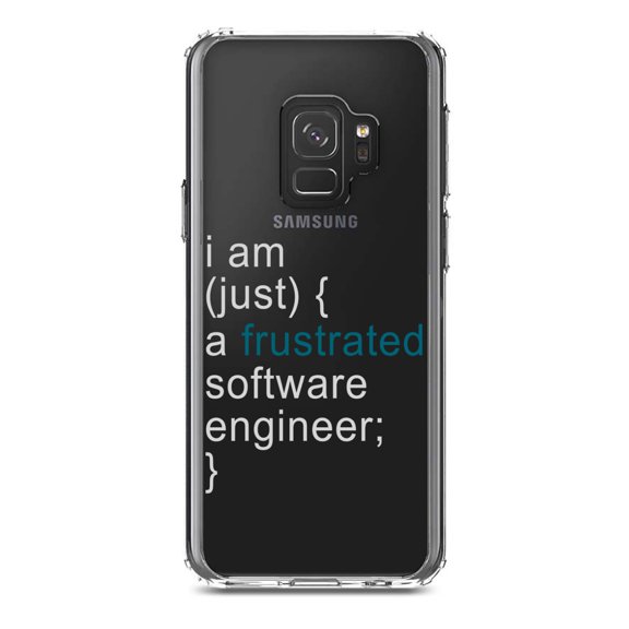 DistinctInk Clear Shockproof Hybrid Case for Samsung Galaxy S9 (5.8" Screen) - TPU Bumper Acrylic Back Tempered Glass Screen Protector - I am (just) {a frustrated software engineer;}