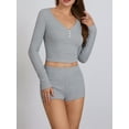thumbnail image 5 of Elippeo Womens Two Piece Outfits Set Long Sleeve Button Up V Neck Crop Tops and Shorts Set Loungewear, 5 of 10