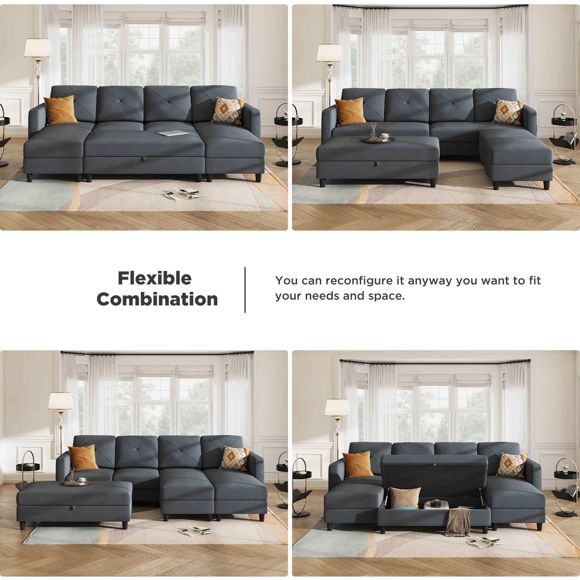 HONBAY Modern Upholstered U-Shape Modular Sleeper Sectional Couch Sets with Ottomans, Light Grey