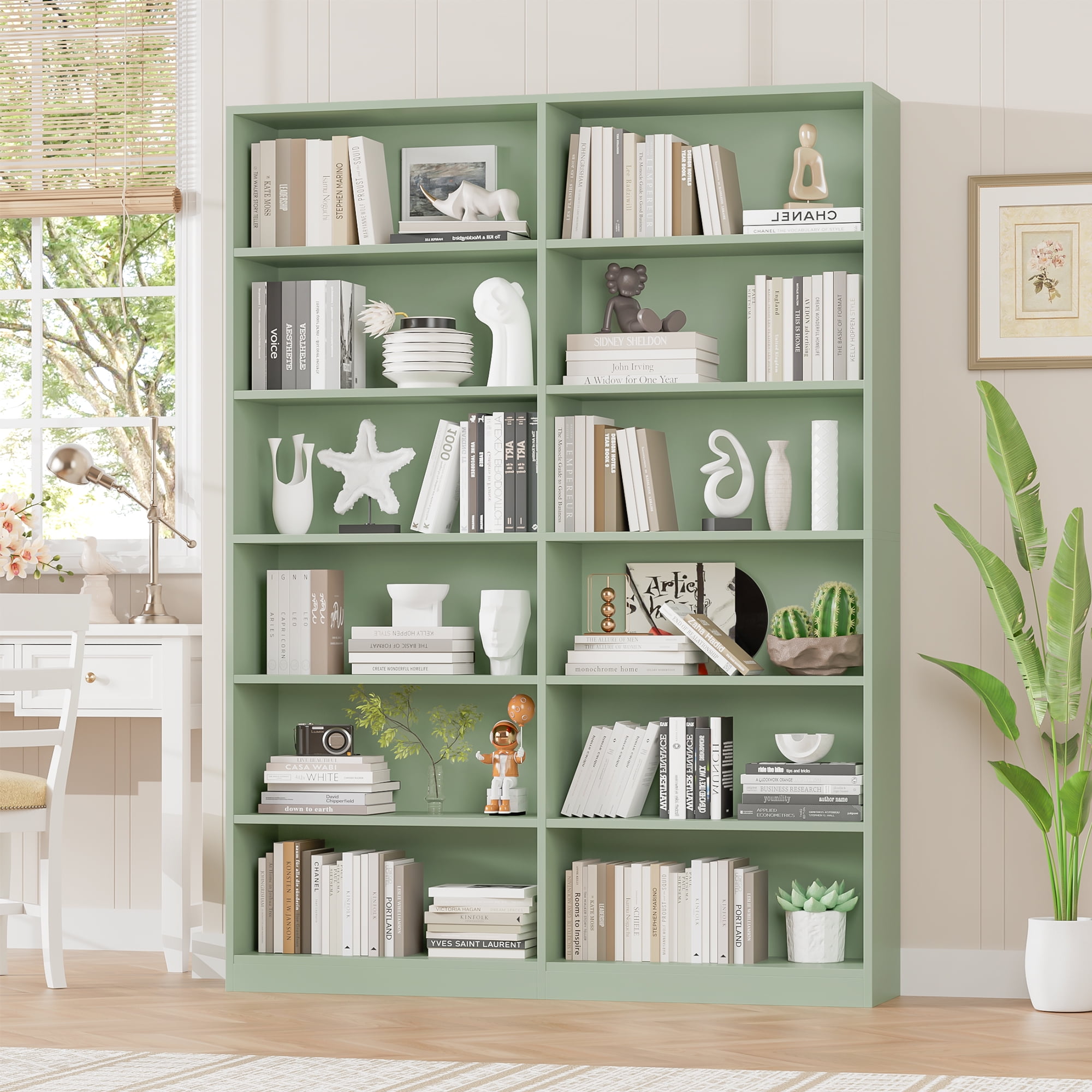 Homfa 74.3” Double Wide 6-Tier Bookcase, Extra Large Wooden Freestanding Display Bookshelf for Home Office Living Room, Green