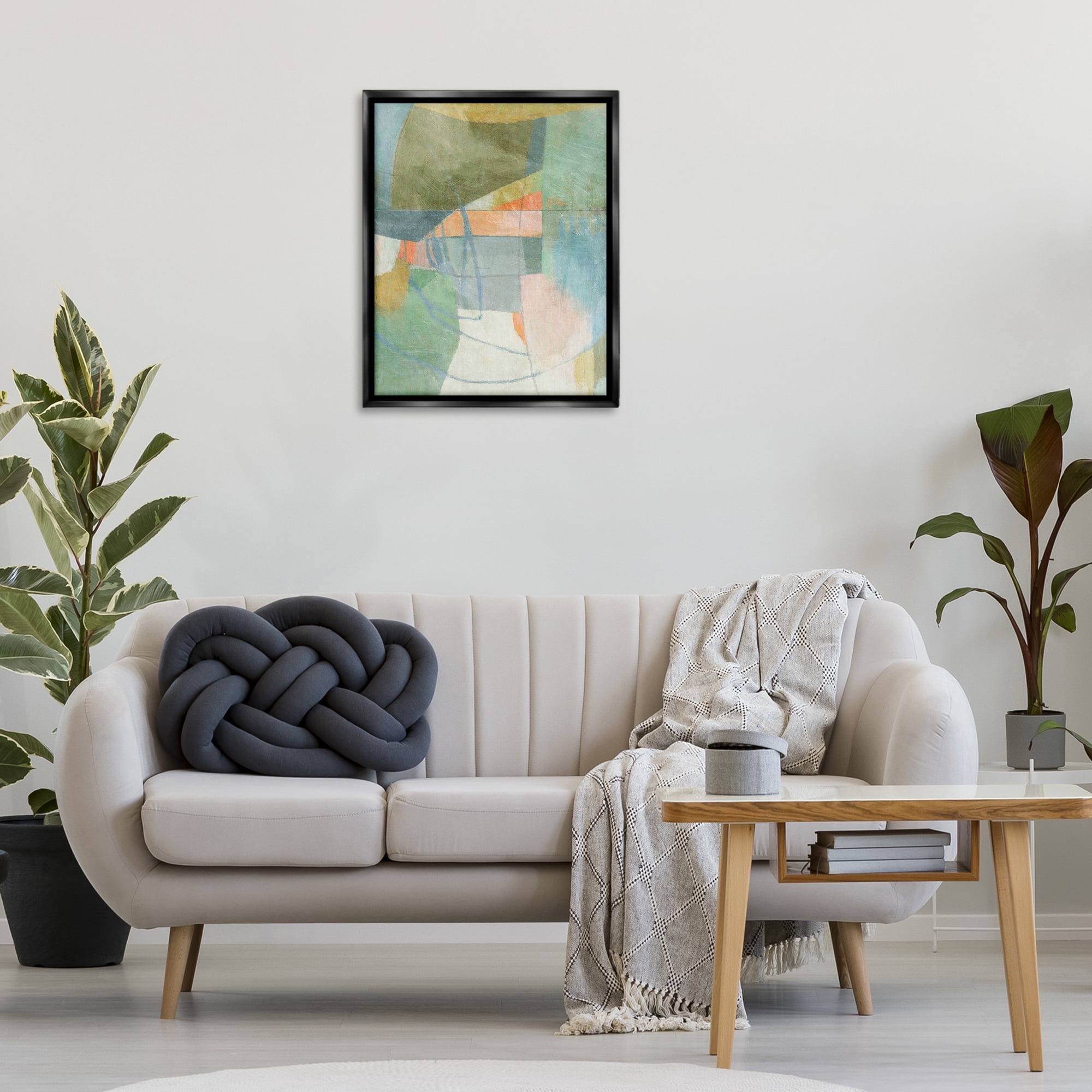 Stupell Industries Pastel & Green Shapes Abstract Painting Black Floater Framed Canvas Art Print Wall Art, 25 x 31