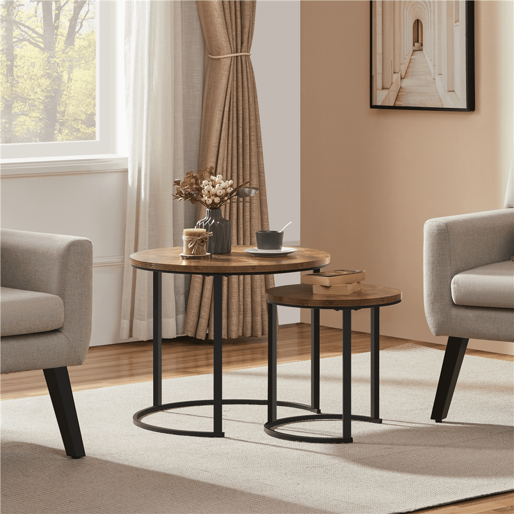 Alden Design Nesting Coffee Table Set with Round Wooden Tabletop for Living Room, Rustic Brown