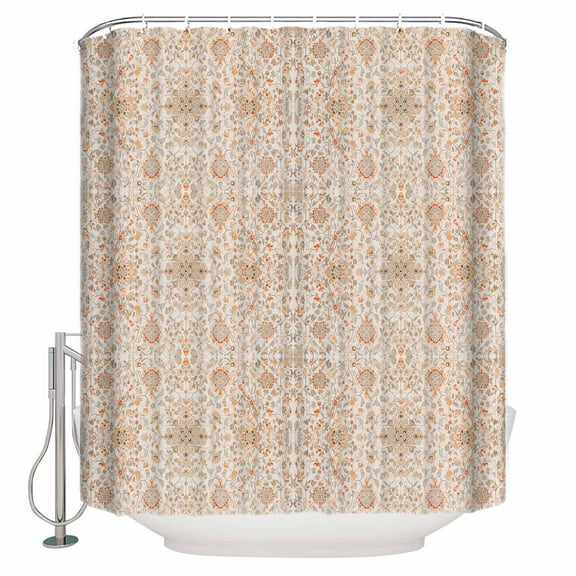 Extra Long Shower Curtain 72x84 Inch, Orange Vintage Boho Shower Curtain Waterproof Bathroom Decor Southwestern Ethnic Mexican Floral Fabric Bath Curtain Set Accessories with Hooks