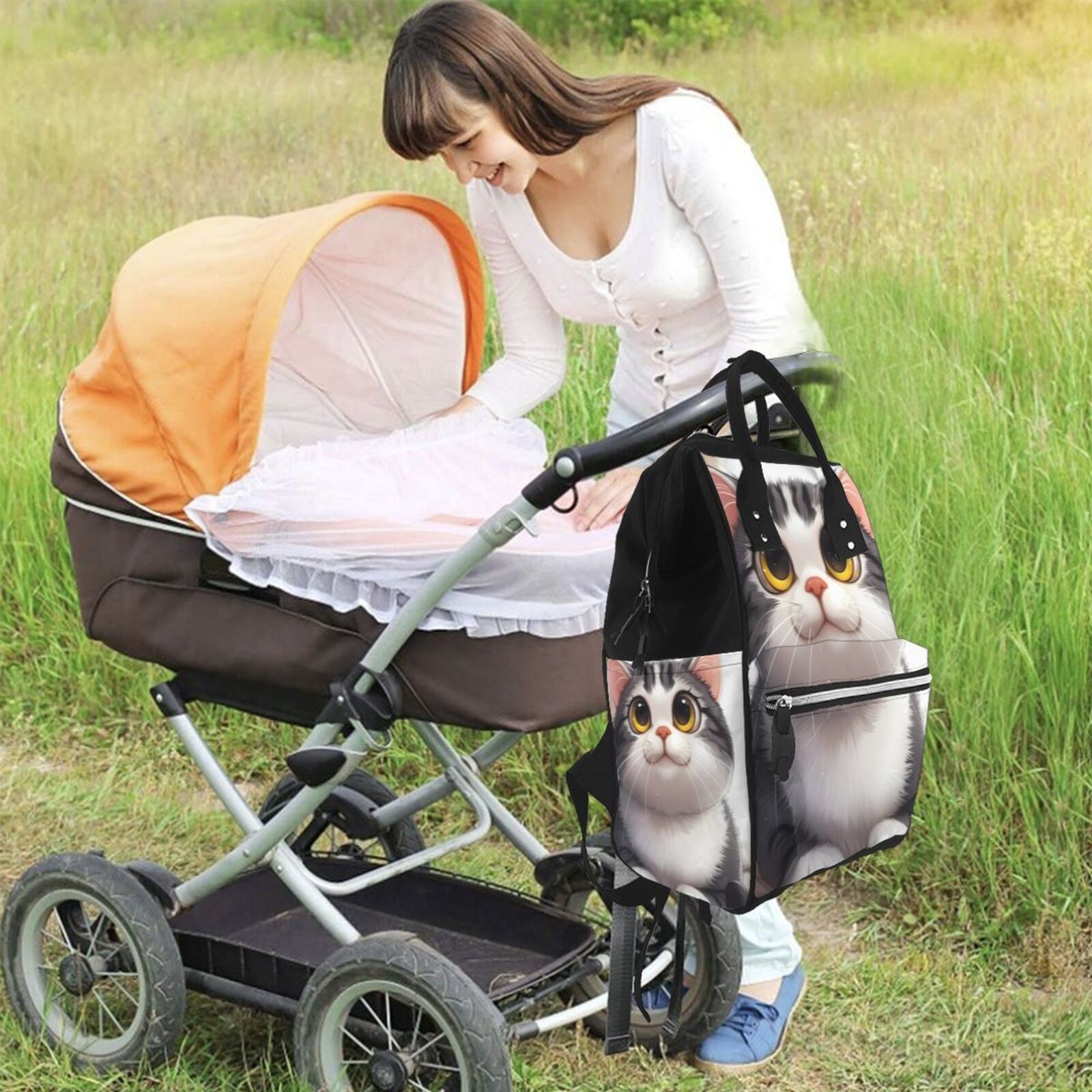 Fuzoiu Cute Cartoon Kitten Print Diaper Bag Backpack,Baby Essentials Travel Tote,Multi function Waterproof Diaper Bag, Travel Essentials Baby Bag - Unisex