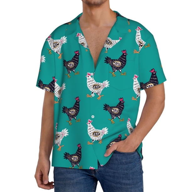 Balery Funny Chicken Camisa Casual de Manga Corta con Botones para Hombre, Texturizada, Estilo Cubano, para Playa, Verano-4X-Large