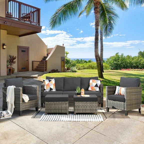 Ovios 5 Pieces Outdoor Patio Furniture All-Weather Wicker Conversation Set Outside Rattan Sectional Sofa with Cushions for Balcony