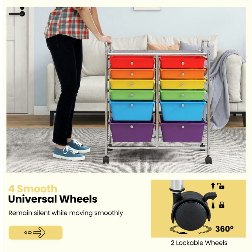 Demi Bonn 12 Drawers Rolling Cart Storage Scrapbook Paper Organizer Bins with 4 Universal Casters, Transparent Multicolor