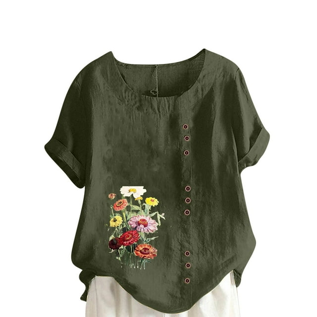 Pisexur Hauts Surdimensionnés en Coton pour Femmes, Col Rond, Imprimé Floral, Hauts en Lin pour Femmes, Manches Courtes, T-Shirts en Mélange de Coton