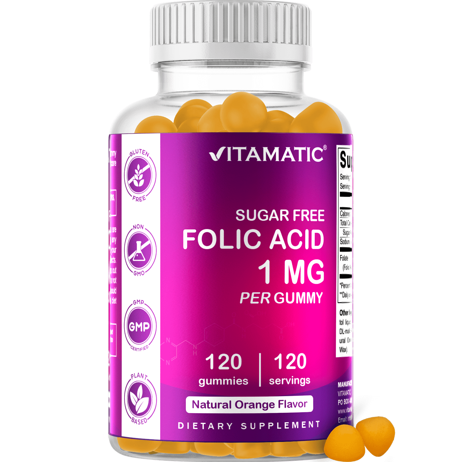 Vitamatic Folic Acid Gummies 1000 mcg (1 mg) - an Essential Prenatal Vitamins for Mom & Baby - Vitamin B9 - 120 Vegan Gummies