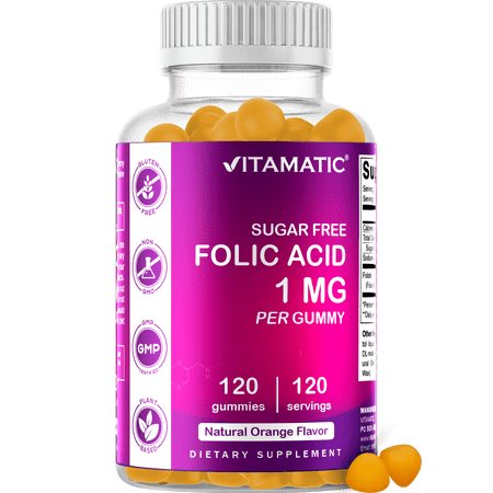 Vitamatic Folic Acid Gummies 1000 mcg (1 mg) - an Essential Prenatal Vitamins for Mom & Baby - Vitamin B9 - 120 Vegan Gummies