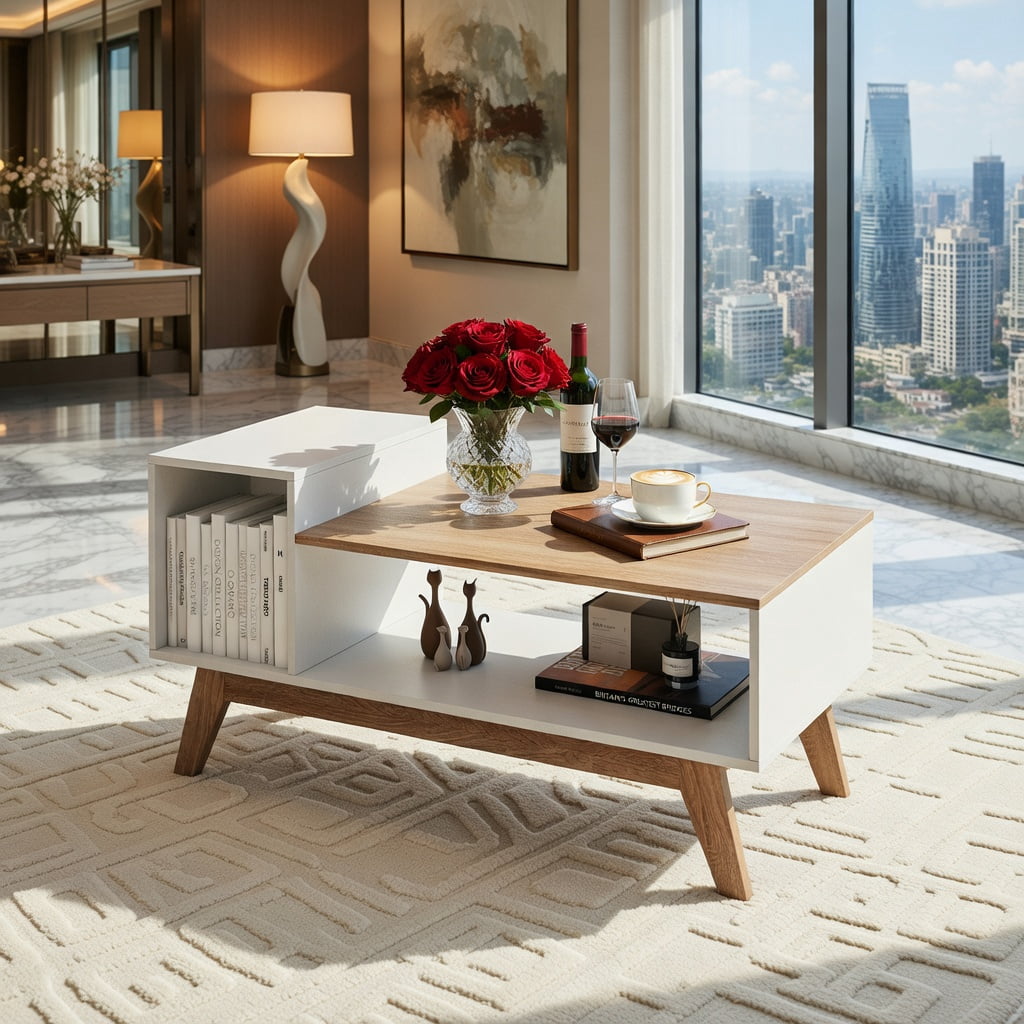 GVN 43 Inch Coffee Table with Stepped Tabletop Design, Storage Compartments for Living Room, Lounge, Family Room Center Furniture Piece, White