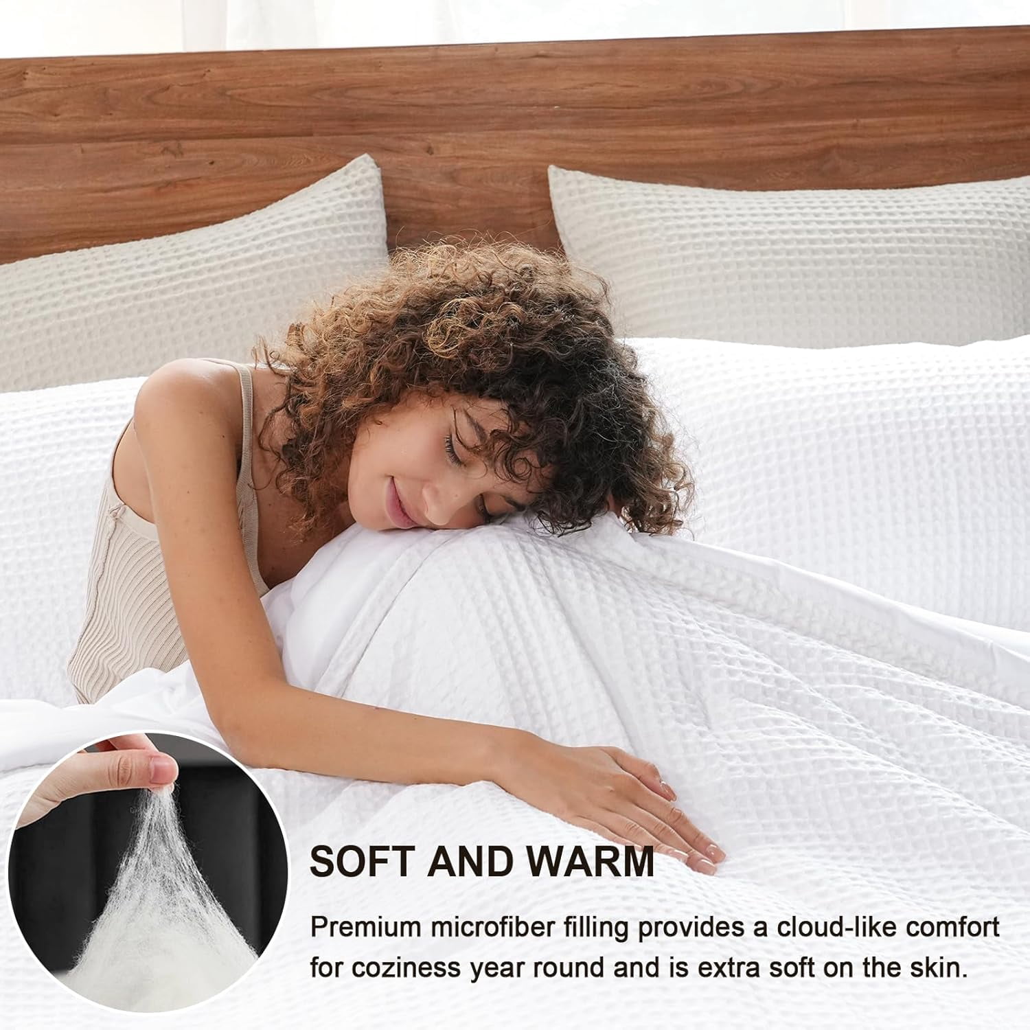 PHF 3-Piece Waffle Weave Comforter Set Queen Size, Lightweight Comfy Bedding Set for All Season, Ultra Soft Textured 1 Comforter with 2 Pillow Shams, White