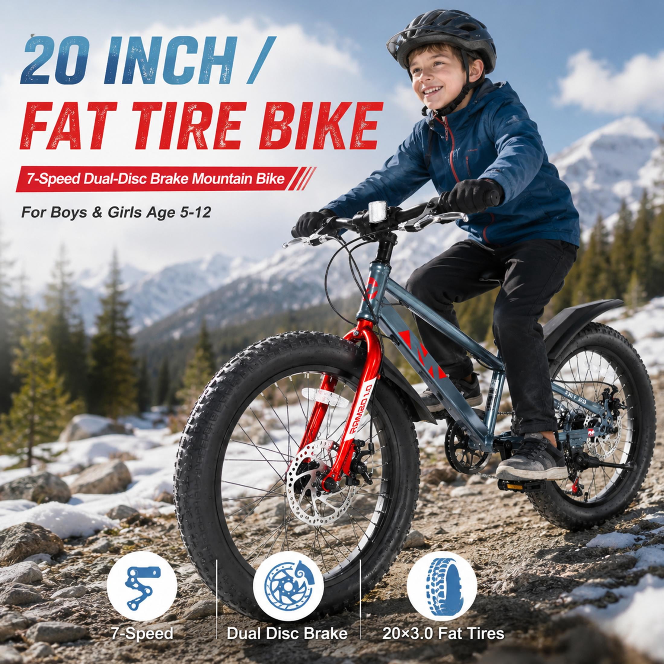 20 Inch Fat Tire Mountain Bike for Boys and Girls Ages 5-12, 7-Speed Kids Bicycle with High-Strength Steel Frame, Dual Disc Brakes and Suspension Fork for All-Terrain Riding, Grey