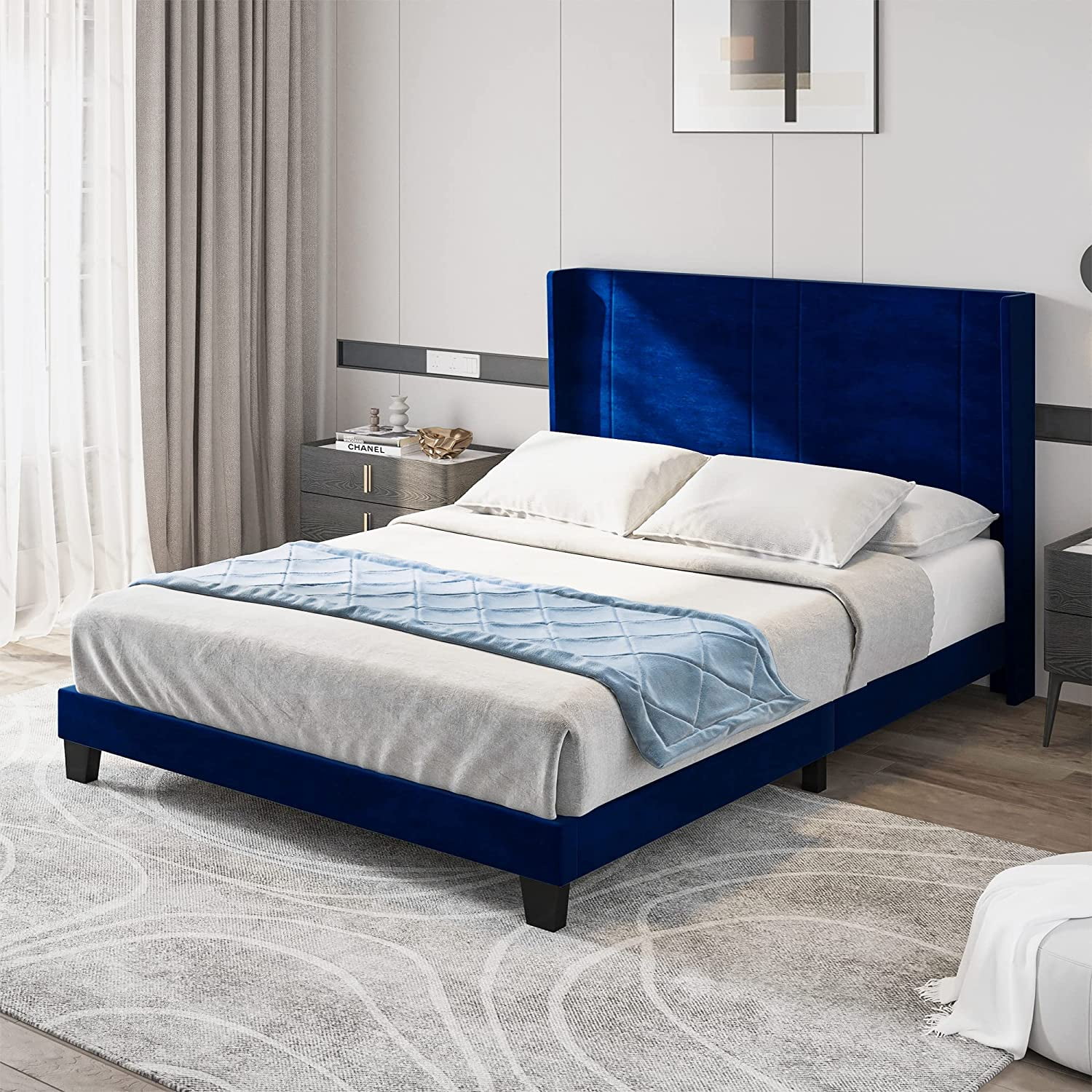 Dextrus Upholstered Wingback Platform Bed with Navy Blue Headboard,  No Box Spring Needed(Queen)
