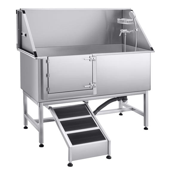 KFFKFF Stainless Steel Pet Washing Station, 62 inch Grooming Tub with Ramp, Water Filter Board, Faucet, Showerhead, and Soap Holder for Pets of All Sizes (Left Door)