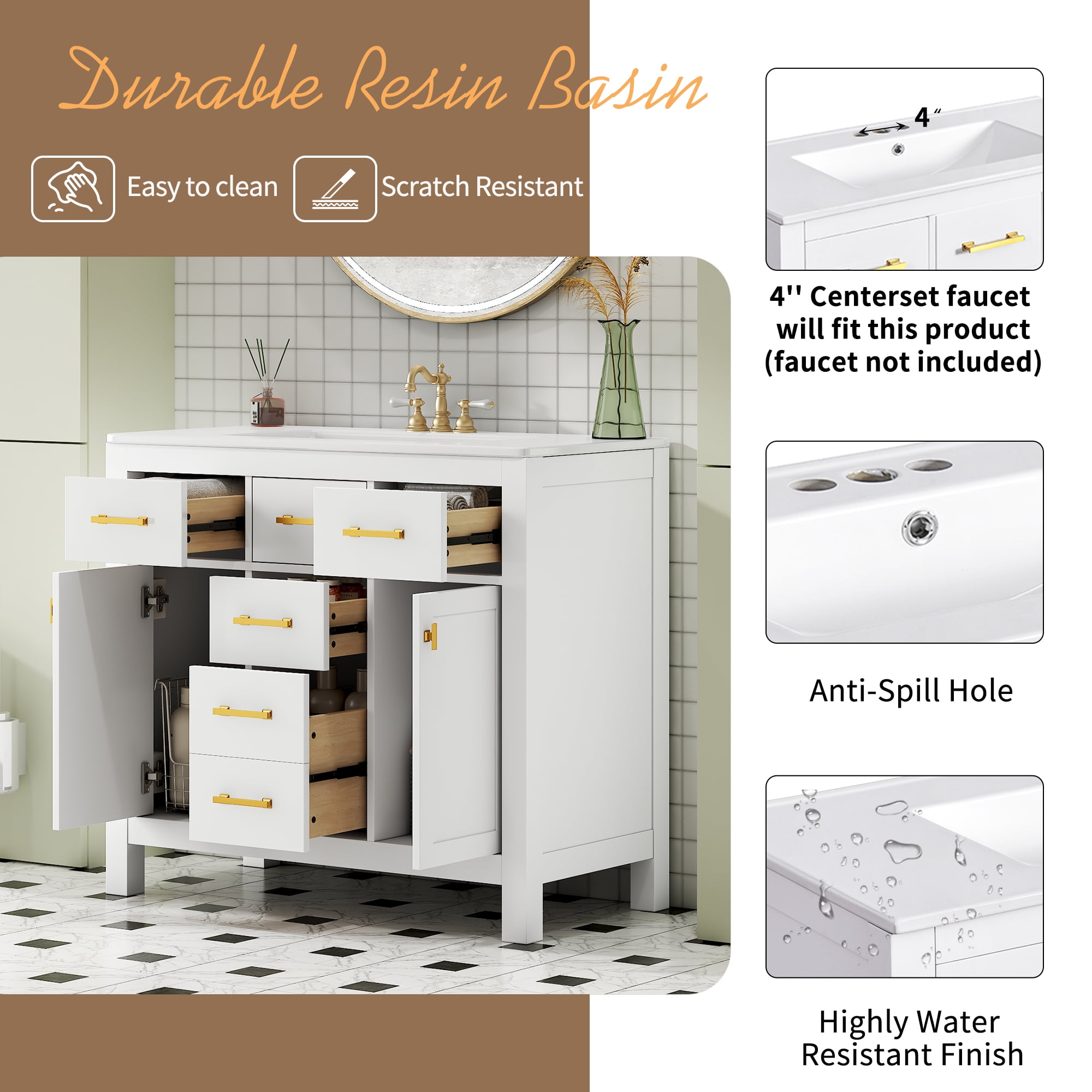 Euroco 36-Inch Solid Wood Bathroom Vanity with Ceramic Sink and Storage Cabinets